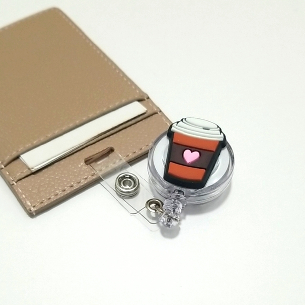 Beige Wearable Badge Holder with Coffee Cup Design